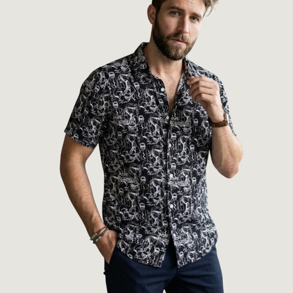 Karl Lagerfeld Paris Mens Black White All Over Sketch Print Button Down Shirt L